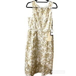 Adrianna Papell dress ivory gold 3D midi fit and flare Sz 14 zips in back   N-09